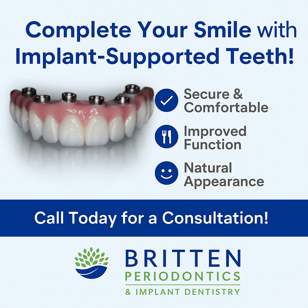 Britten Periodontics logo promoting implant-supported teeth
