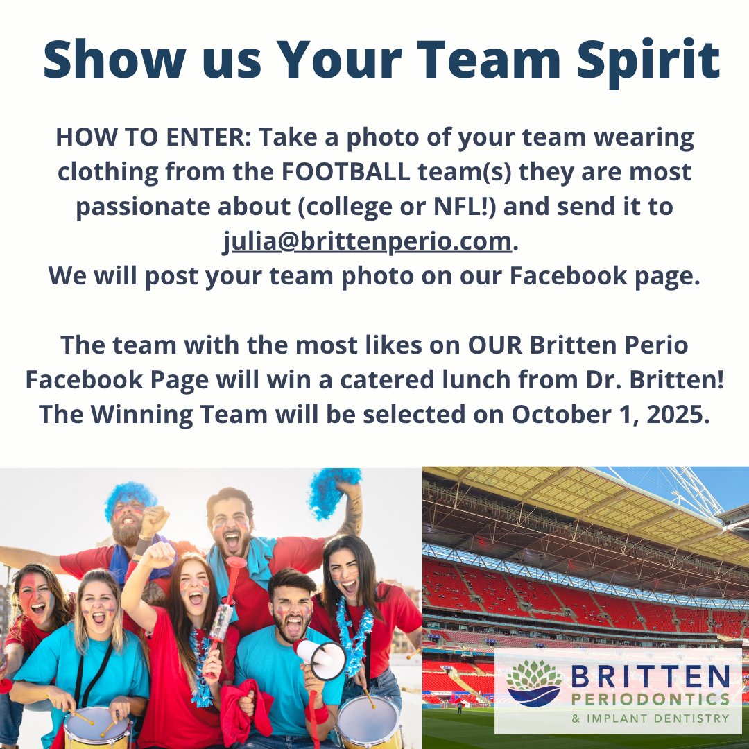 Britten Perio staff and patients showing team spirit for football-themed contest with jerseys, decorations, and smiles.