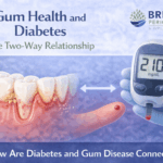 Illustration showing the two-way relationship between gum disease and diabetes, with inflamed gums connected to elevated blood sugar levels, featuring the Britten Periodontics and Implant Dentistry logo.