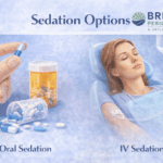 Illustration comparing oral sedation and IV sedation options for dental care, showing oral medication and IV sedation administered in the inner elbow, featuring the Britten Periodontics and Implant Dentistry logo.