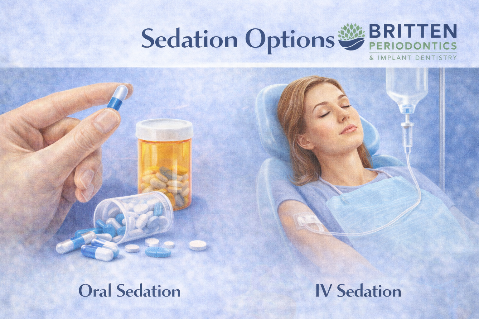 Illustration comparing oral sedation and IV sedation options for dental care, showing oral medication and IV sedation administered in the inner elbow, featuring the Britten Periodontics and Implant Dentistry logo.