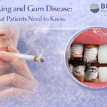 Illustration showing the effects of smoking on gum health, with cigarette smoke alongside inflamed gums and tartar buildup that contribute to gum disease, featuring the Britten Periodontics and Implant Dentistry logo.