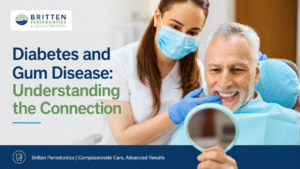 Periodontist discussing diabetes and gum disease with a patient during a dental consultation